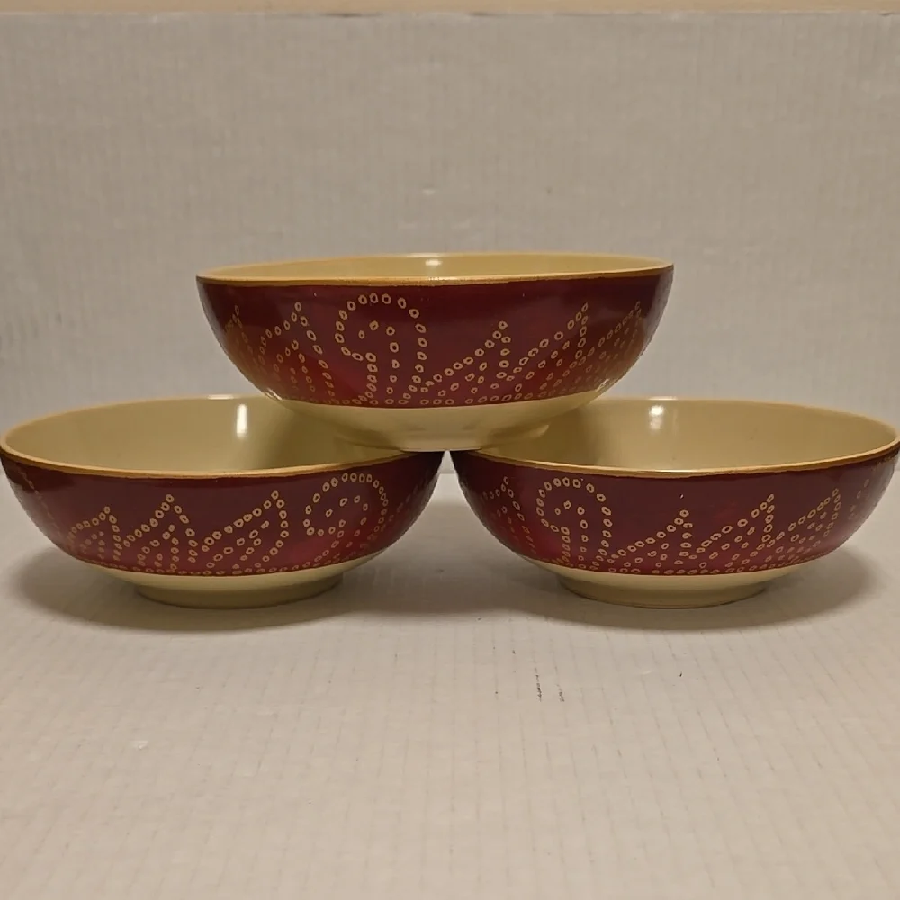 Set of 3 Elegant Pier 1 Red and Cream Ceramic Bowls